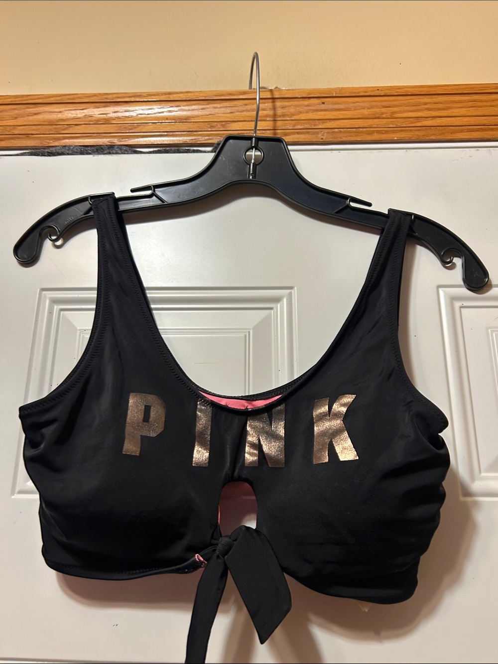 PINK Victoria's Secret Black Swim Top with Gold Logo and Front Tie S
